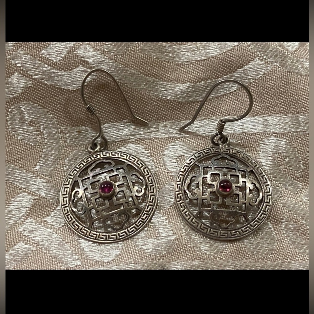 Vintage Chinese Lattice Sterling Silver Pierced Earrings #7819